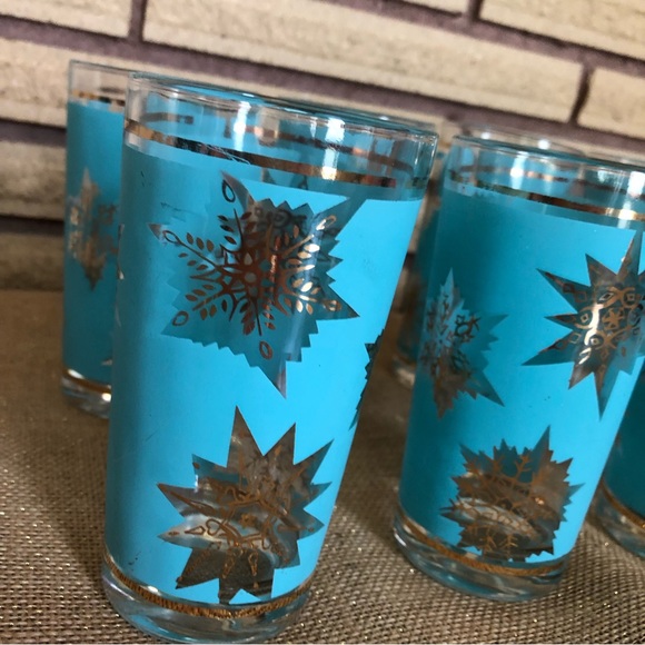 60's Aqua/Gold Starburst Glasses - 8 - Tumblers - Highballs - Barware -Glassware - Picture 7 of 14